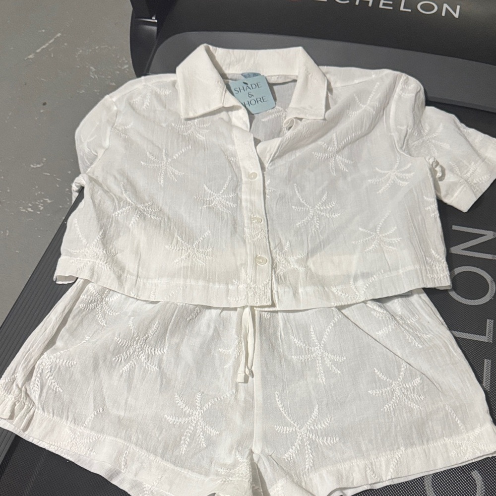 Shade & Shore White Embroidered Palm Tree Two-Piece Set